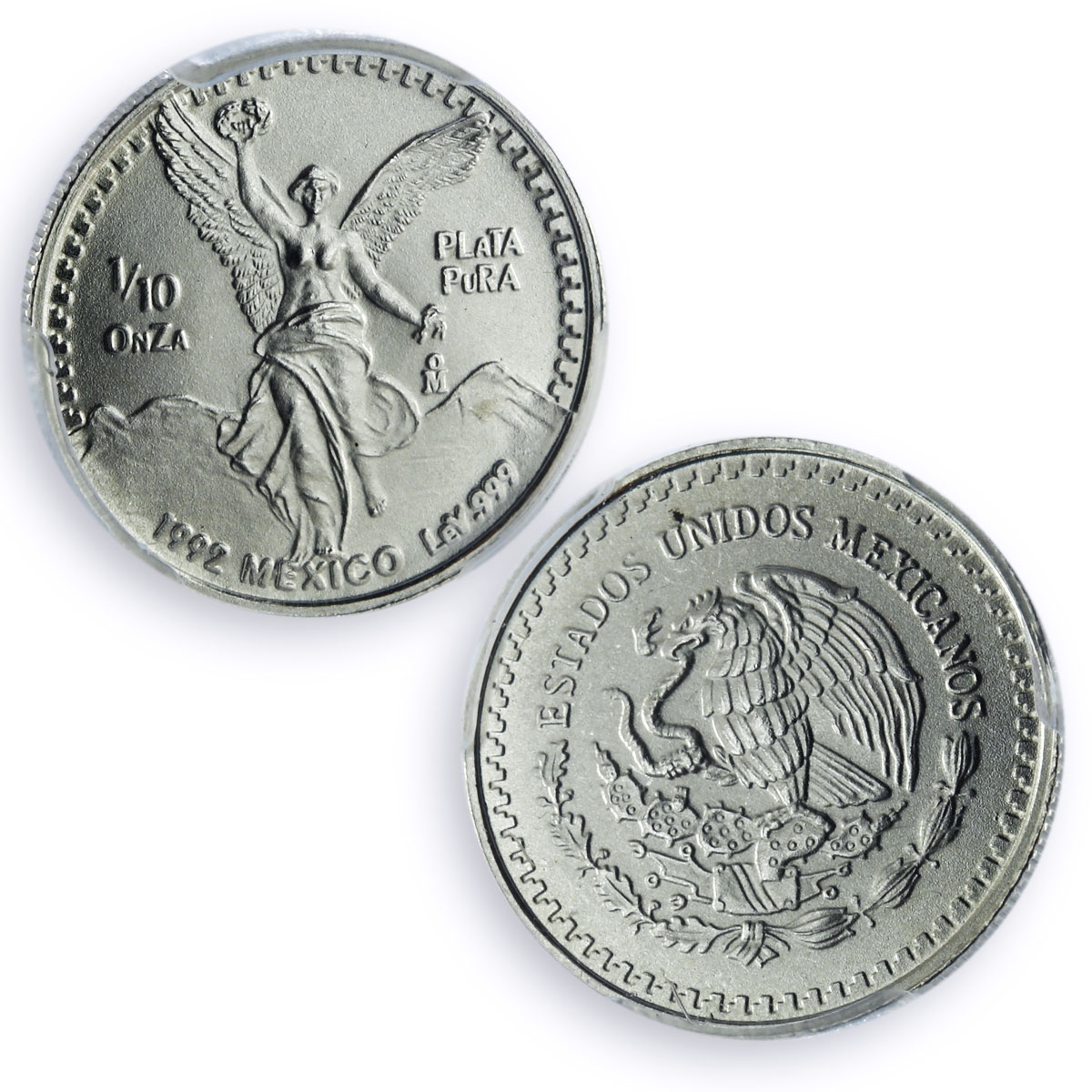 Mexico 1/10 onza Libertad Angel of Independence MS69 PCGS silver coin 1992