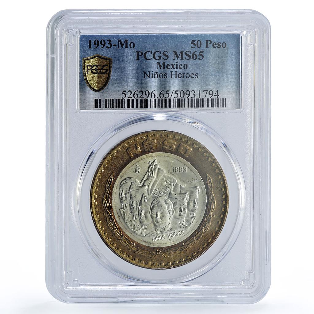 Mexico 50 pesos Revolution Ninos Heroes Politics MS65 PCGS bimetal coin 1993