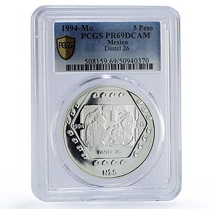 Mexico 5 pesos Dintel Carving Art Precolombina Maya PR69 PCGS silver coin 1994