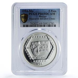 Mexico 5 pesos Mascaron Dios Chaac Precolombina Maya PR69 PCGS silver coin 1994