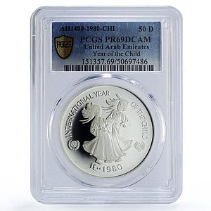 UAE 50 dirhams UNICEF Save the Children Child Year PR69 PCGS silver coin 1980