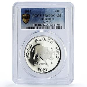 Philippines 200 piso Mindoro Bull Wildlife WWF Fauna PR69 PCGS silver coin 1987