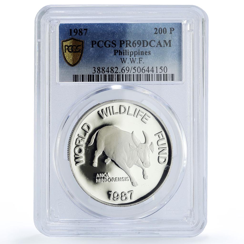 Philippines 200 piso Mindoro Bull Wildlife WWF Fauna PR69 PCGS silver coin 1987