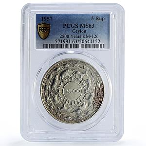 Sri Lanka Ceylon 5 rupees Buddhism Religion Animals MS63 PCGS silver coin 1957