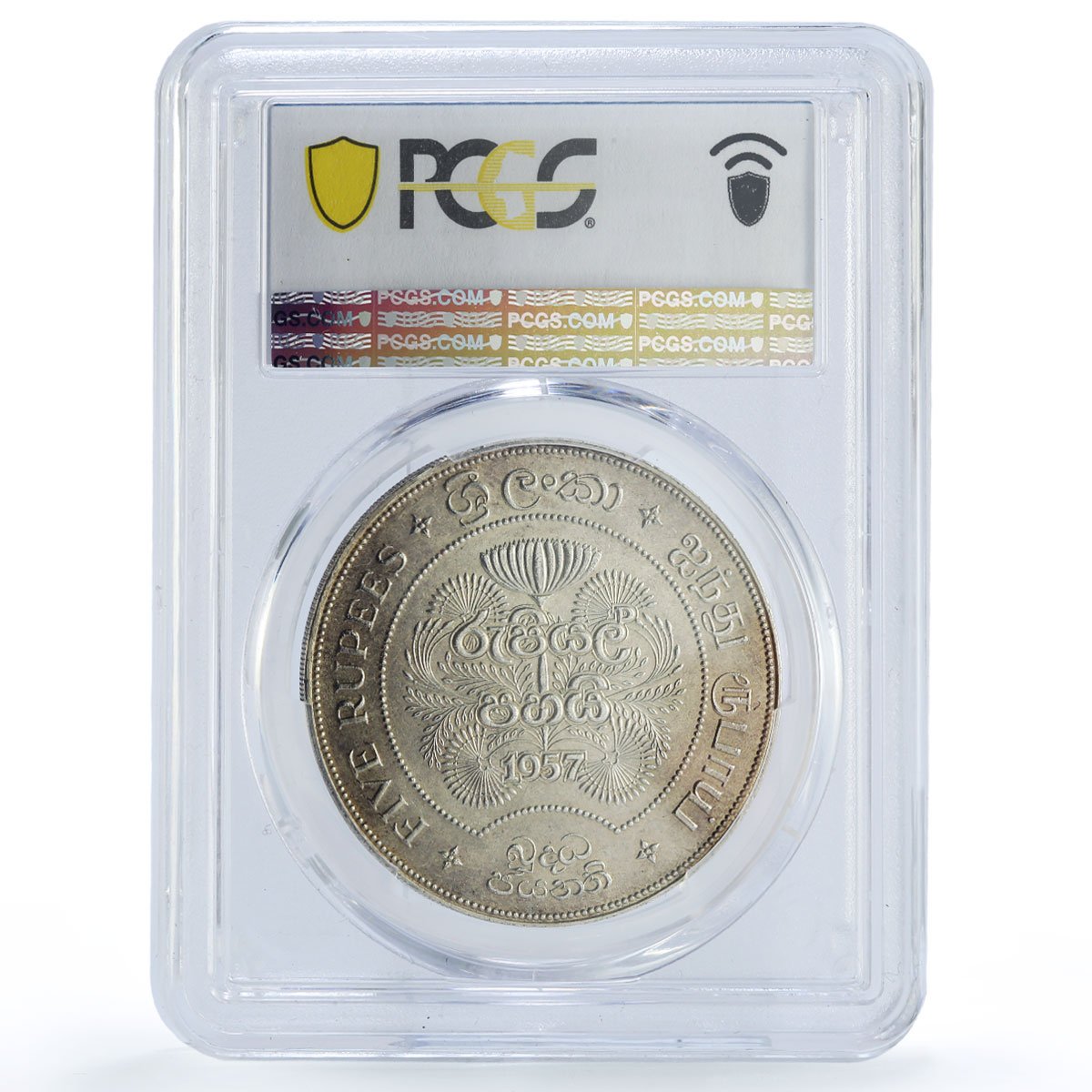 Sri Lanka Ceylon 5 rupees Buddhism Religion Animals MS63 PCGS silver coin 1957