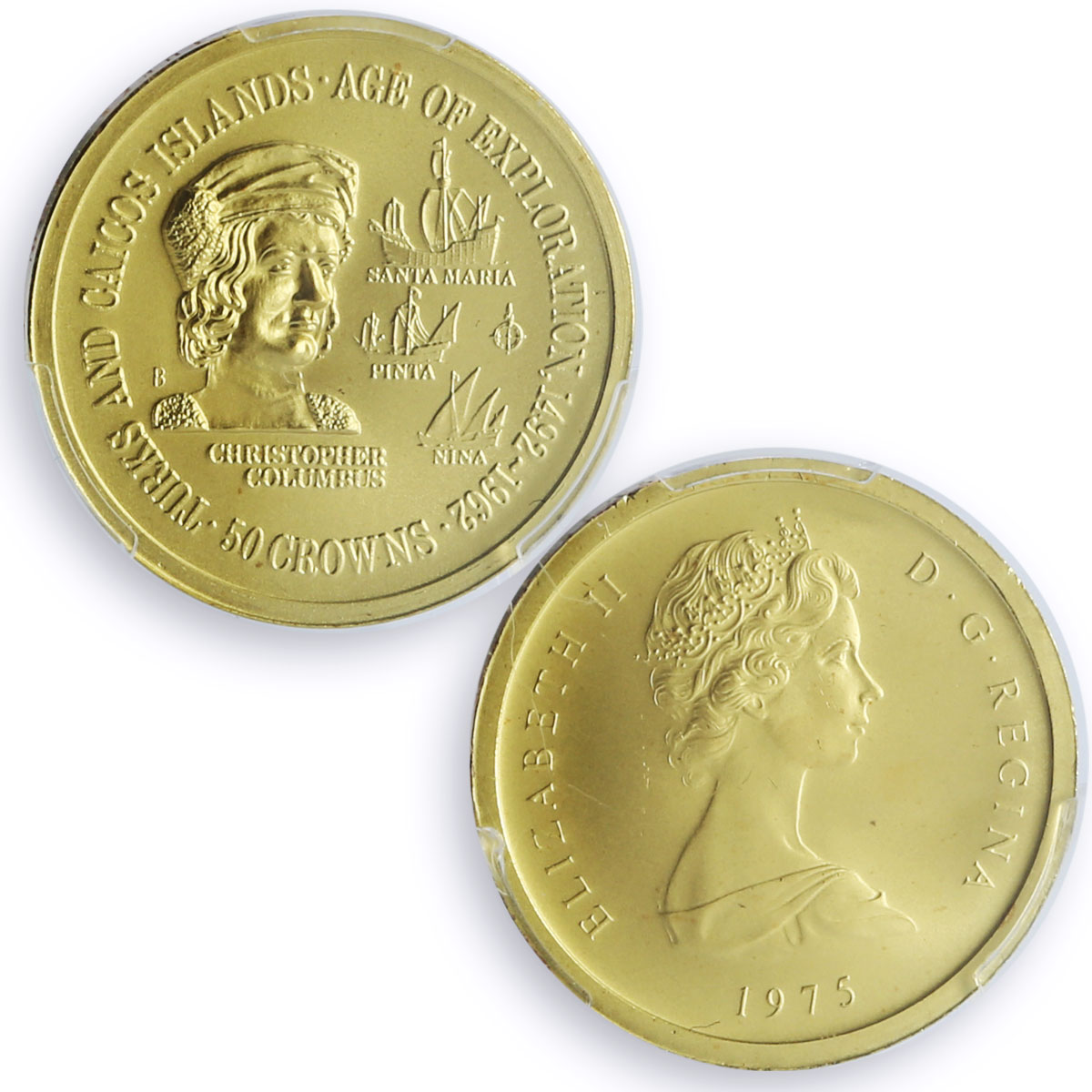 Turks and Caicos Islands 50 crowns Columbus Exploration MS69 PCGS gold coin 1975