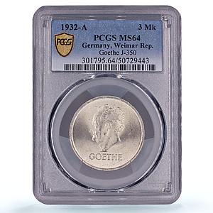 Germany 3 mark Goethe 100th Anniversary Literature MS64 PCGS silver coin 1932