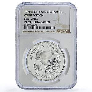 Costa Rica 50 colones Green Turtles Conservation Fauna PF69 NGC silver coin 1974
