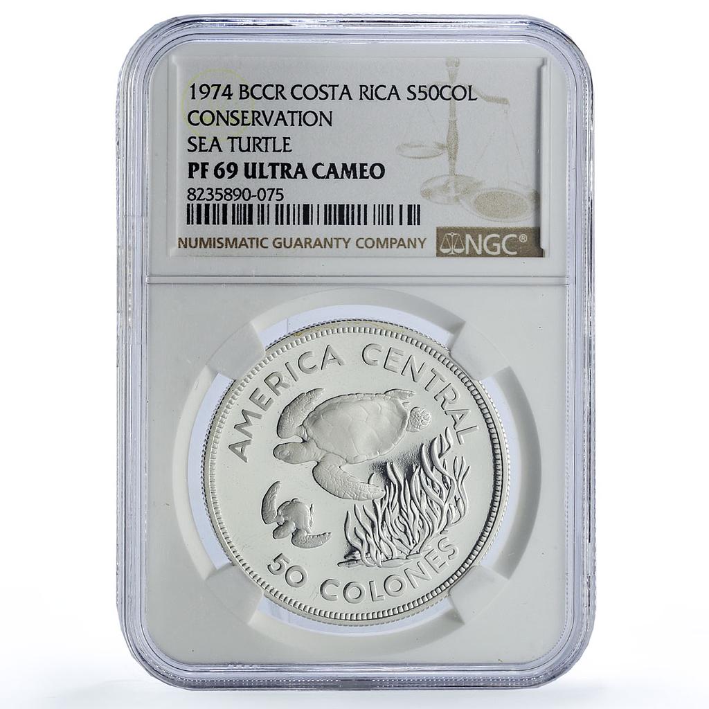 Costa Rica 50 colones Green Turtles Conservation Fauna PF69 NGC silver coin 1974