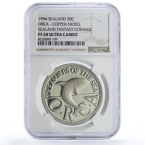Sealand 50 cents Orca Whale Sea Treasures Fantasy X#8.1 PF68 NGC CuNi coin 1994
