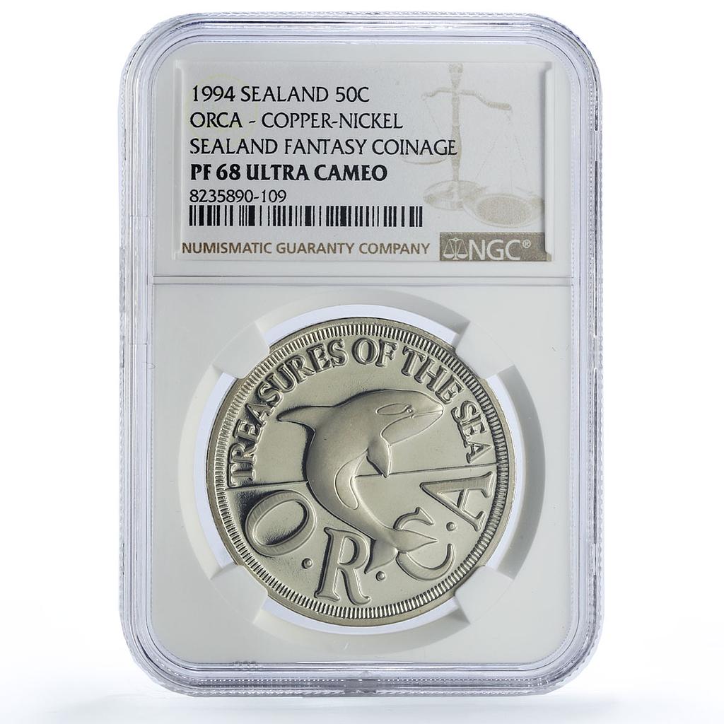 Sealand 50 cents Orca Whale Sea Treasures Fantasy X#8.1 PF68 NGC CuNi coin 1994