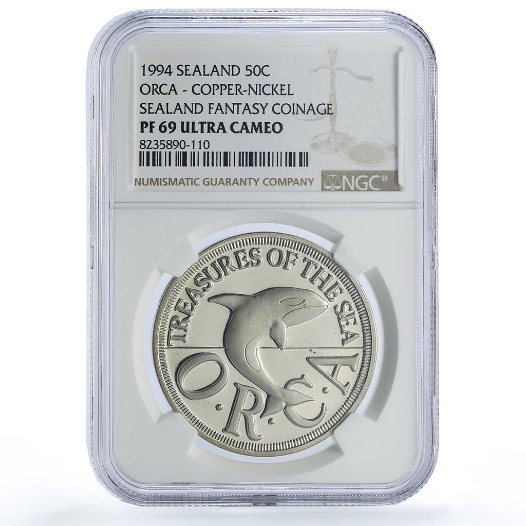 Sealand 50 cents Orca Whale Sea Treasures Fantasy X#8.1 PF69 NGC CuNi coin 1994