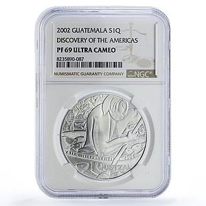 Guatemala 1 quetzal Canoe Fisher Ibero-American PF69 NGC silver coin 2002