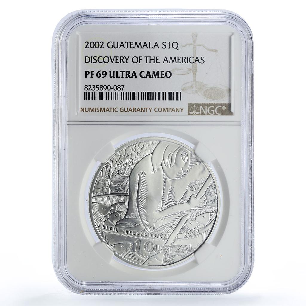 Guatemala 1 quetzal Canoe Fisher Ibero-American PF69 NGC silver coin 2002