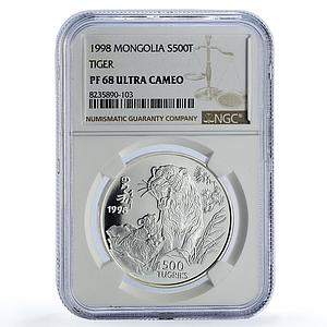 Mongolia 500 togrog Tiger Wildlife Conservation Fauna PF68 NGC silver coin 1998