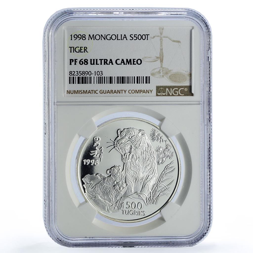Mongolia 500 togrog Tiger Wildlife Conservation Fauna PF68 NGC silver coin 1998