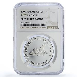 Malaysia 10 ringgit 21th Sukan Sea Games Sports PF69 NGC silver coin 2001