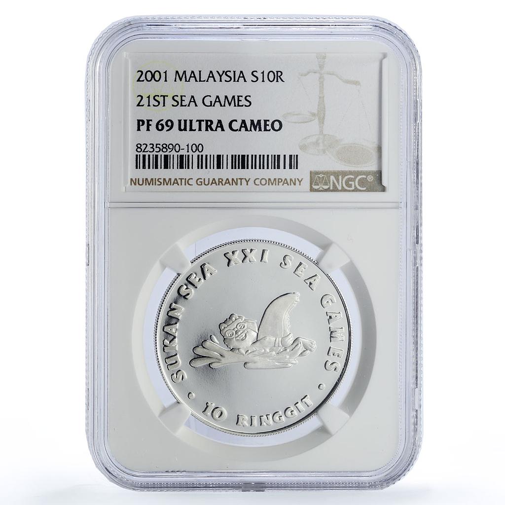 Malaysia 10 ringgit 21th Sukan Sea Games Sports PF69 NGC silver coin 2001