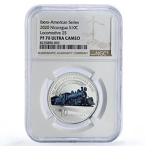 Nicaragua 10 cordobas Locomotora 25 Ibero-American Trains PF70 NGC Ag coin 2020