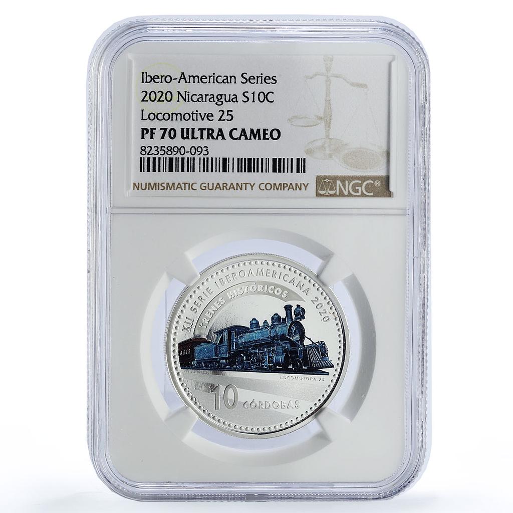 Nicaragua 10 cordobas Locomotora 25 Ibero-American Trains PF70 NGC Ag coin 2020