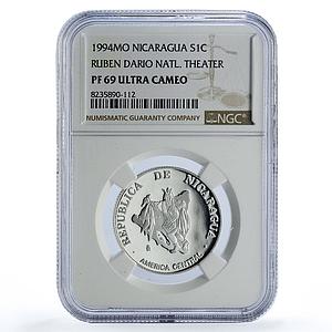 Nicaragua 1 cordoba Ruben Dario Theater Dances Art PF69 NGC silver coin 1994