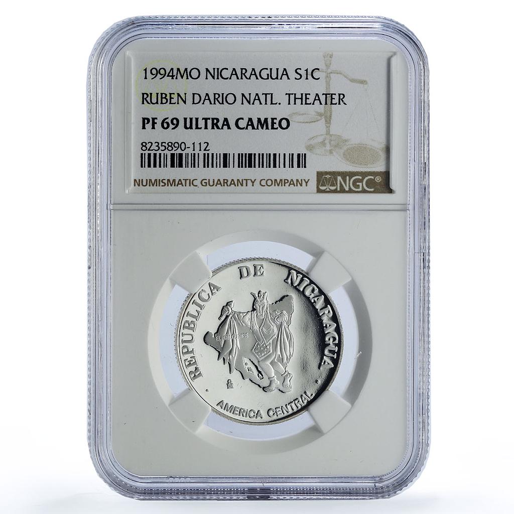 Nicaragua 1 cordoba Ruben Dario Theater Dances Art PF69 NGC silver coin 1994