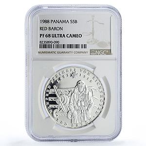 Panama 5 balboas Richthofen Red Baron Planes Aviation PF68 NGC silver coin 1988