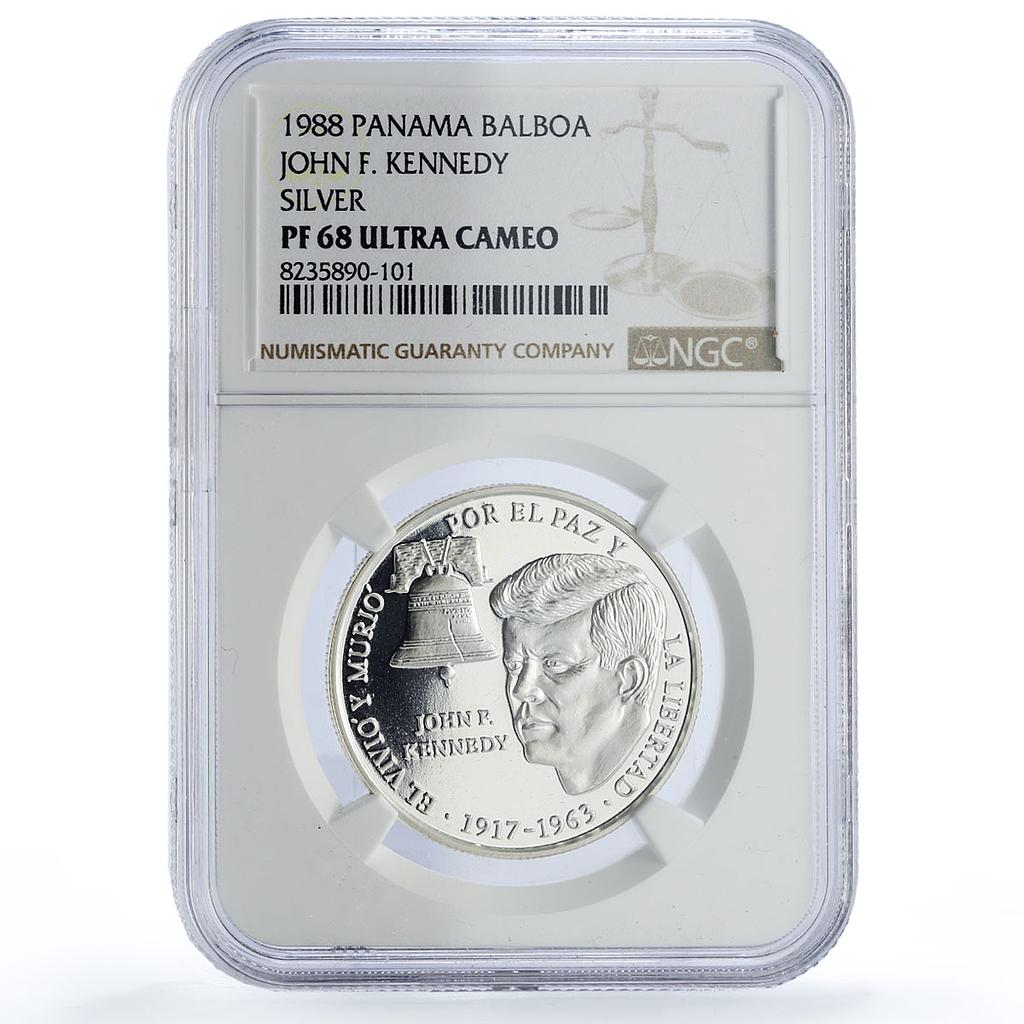 Panama 1 balboa John F Kennedy History Politics PF68 NGC silver coin 1988