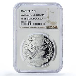 Peru 1 sol Caballito Totora Ceramics Ibero-American PF69 NGC silver coin 2002