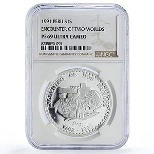 Peru 1 sol Encounter of Two Worlds Ibero-American PF69 NGC silver coin 1991
