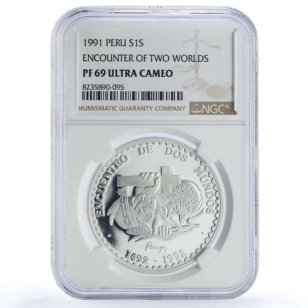 Peru 1 sol Encounter of Two Worlds Ibero-American PF69 NGC silver coin 1991