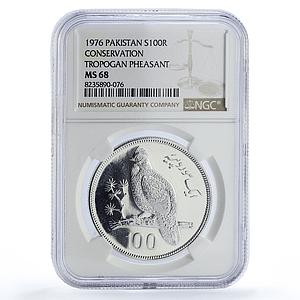 Pakistan 100 rupees Tragopan Pheasant Conservation Fauna MS68 NGC Ag coin 1976