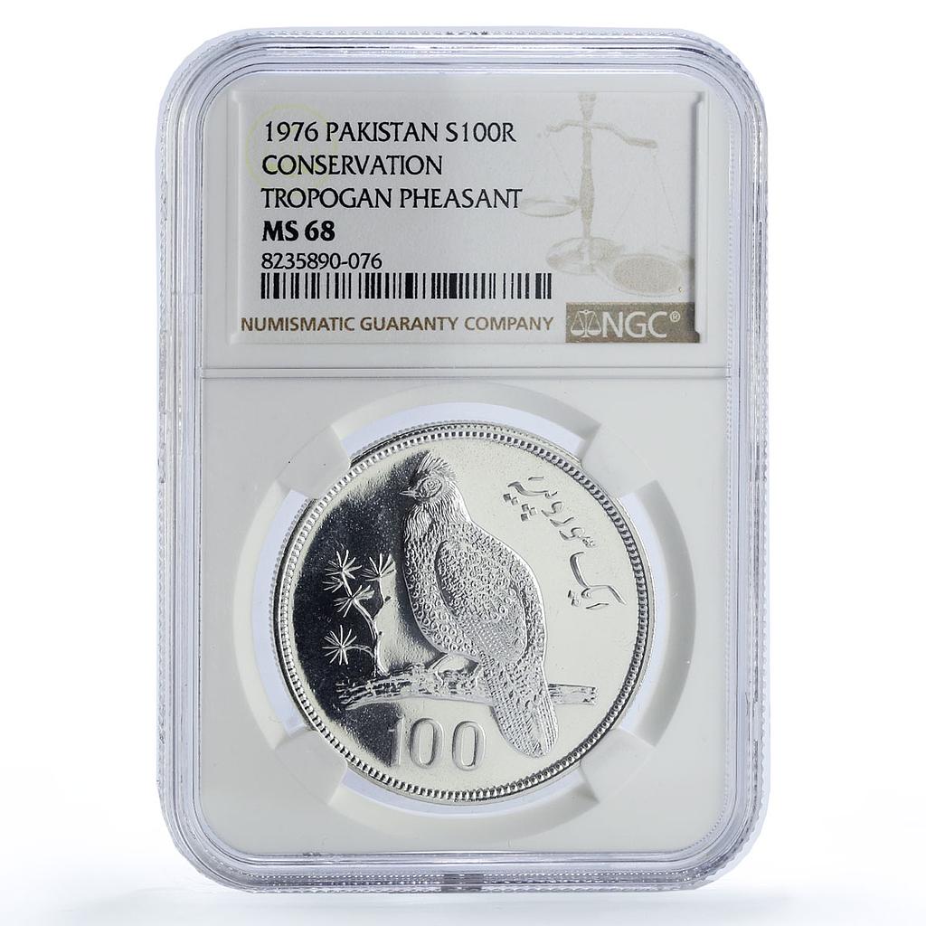 Pakistan 100 rupees Tragopan Pheasant Conservation Fauna MS68 NGC Ag coin 1976