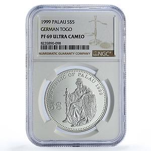 Palau 5 dollars German Togo Seated Germania History PF69 NGC silver coin 1999