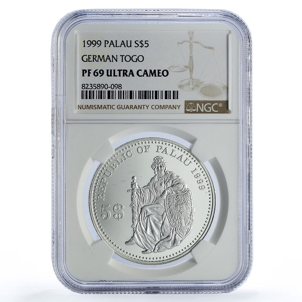 Palau 5 dollars German Togo Seated Germania History PF69 NGC silver coin 1999