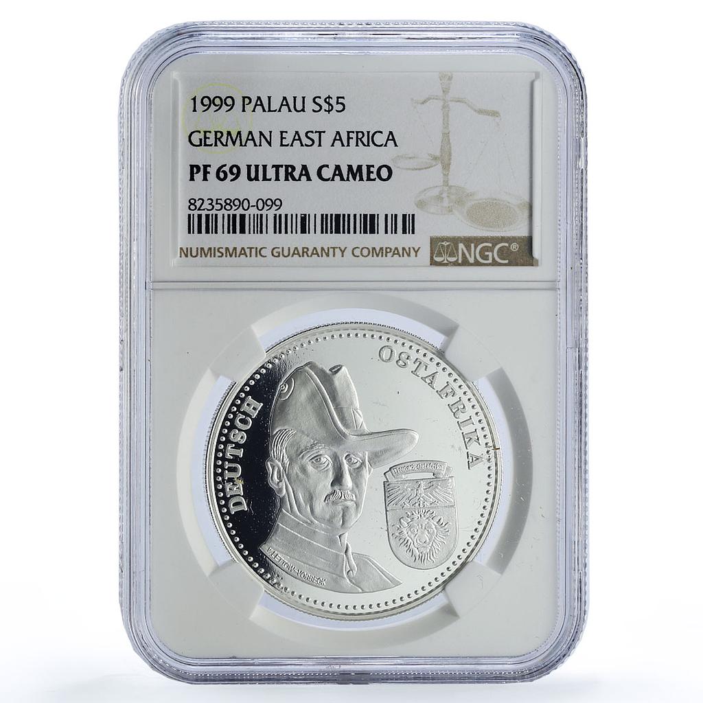 Palau 5 dollars German East Africa Elephant History PF69 NGC silver coin 1999