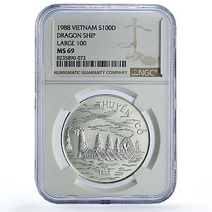 Vietnam 100 dong Dragon Boat Ship History Seafaring MS69 NGC silver coin 1988