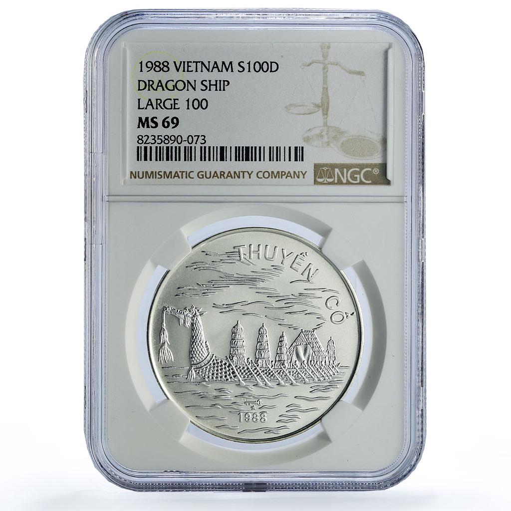 Vietnam 100 dong Dragon Boat Ship History Seafaring MS69 NGC silver coin 1988