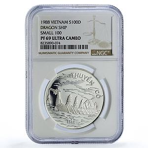 Vietnam 100 dong Dragon Boat Ship Small 100 Seafaring PF69 NGC silver coin 1988
