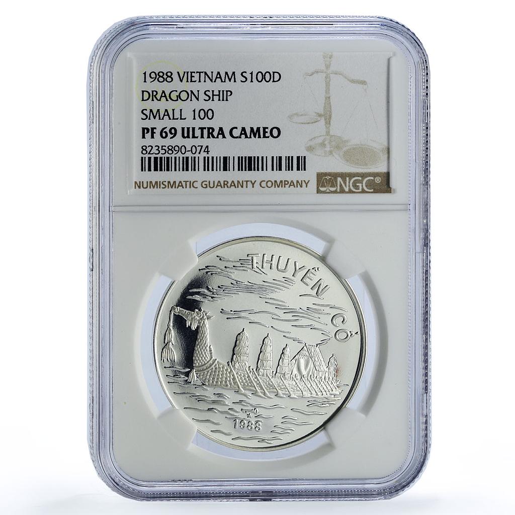 Vietnam 100 dong Dragon Boat Ship Small 100 Seafaring PF69 NGC silver coin 1988