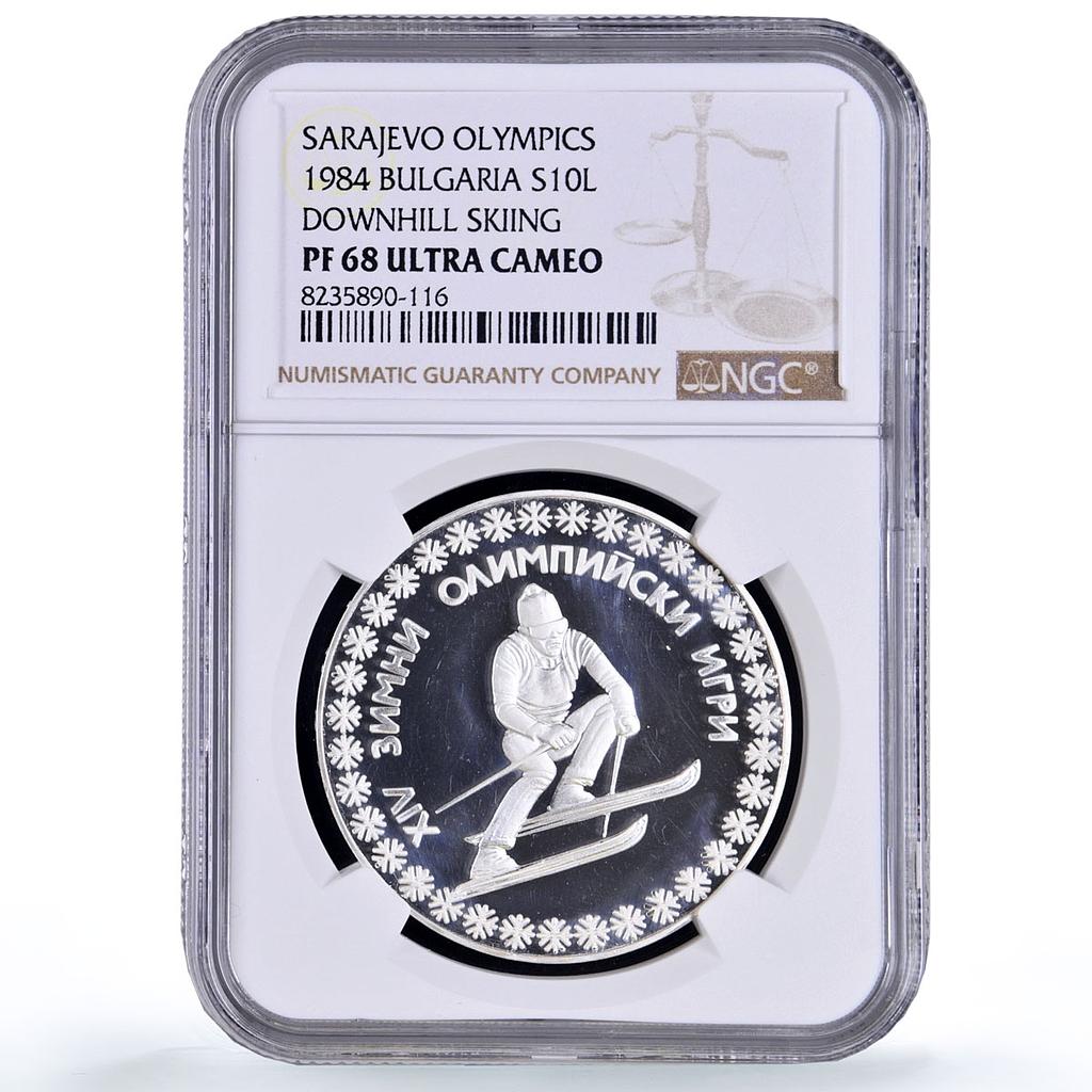 Bulgaria 10 leva Skiing Sarajevo Olympic Games Sports PF68 NGC silver coin 1984