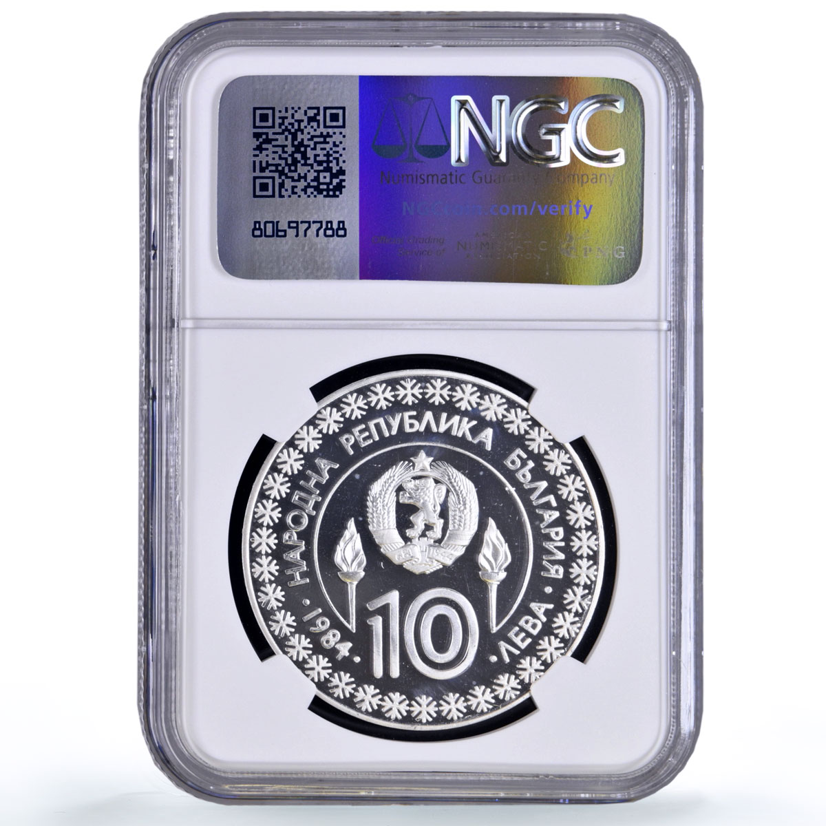 Bulgaria 10 leva Skiing Sarajevo Olympic Games Sports PF68 NGC silver coin 1984