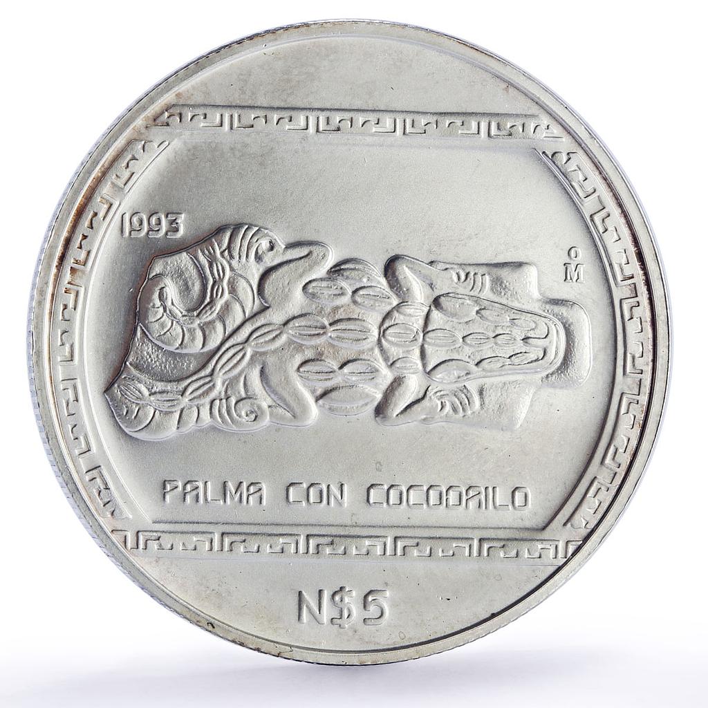 Mexico 5 pesos Palma Con Cocodrilo Precolombina Veracruz silver coin 1993