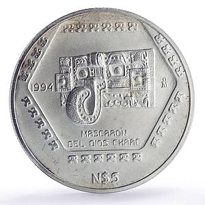 Mexico 5 pesos Mascaron Del Dios Chaac Precolombina Maya silver coin 1994