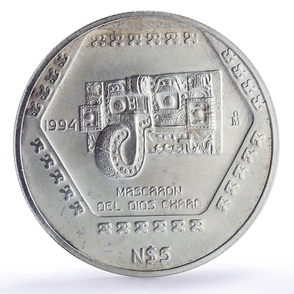 Mexico 5 pesos Mascaron Del Dios Chaac Precolombina Maya silver coin 1994