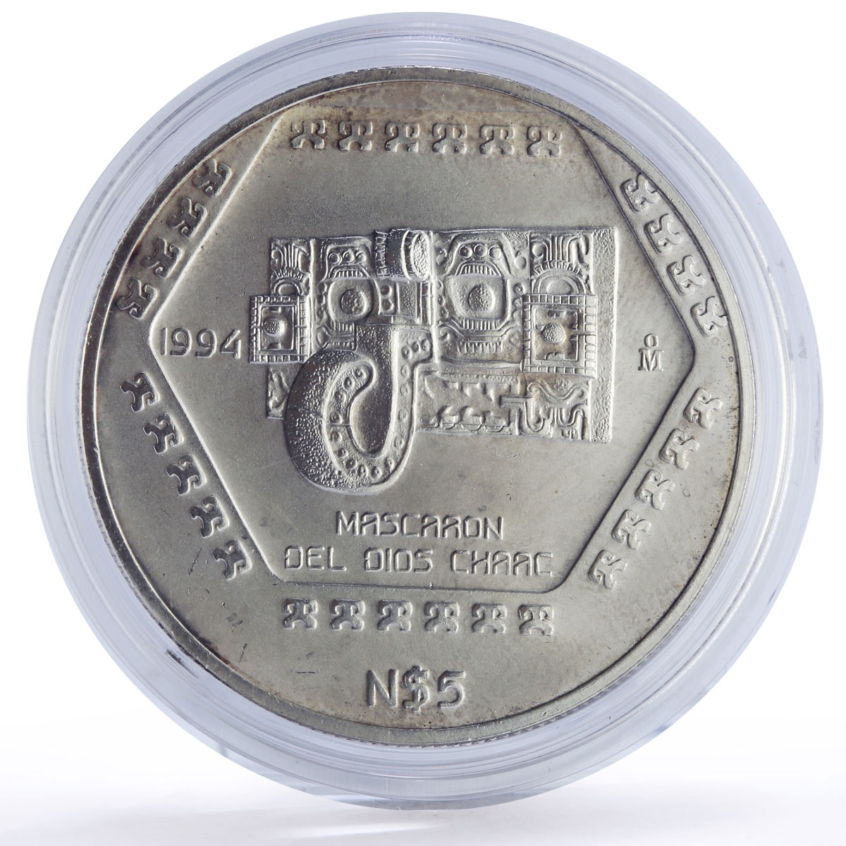 Mexico 5 pesos Mascaron Del Dios Chaac Precolombina Maya silver coin 1994