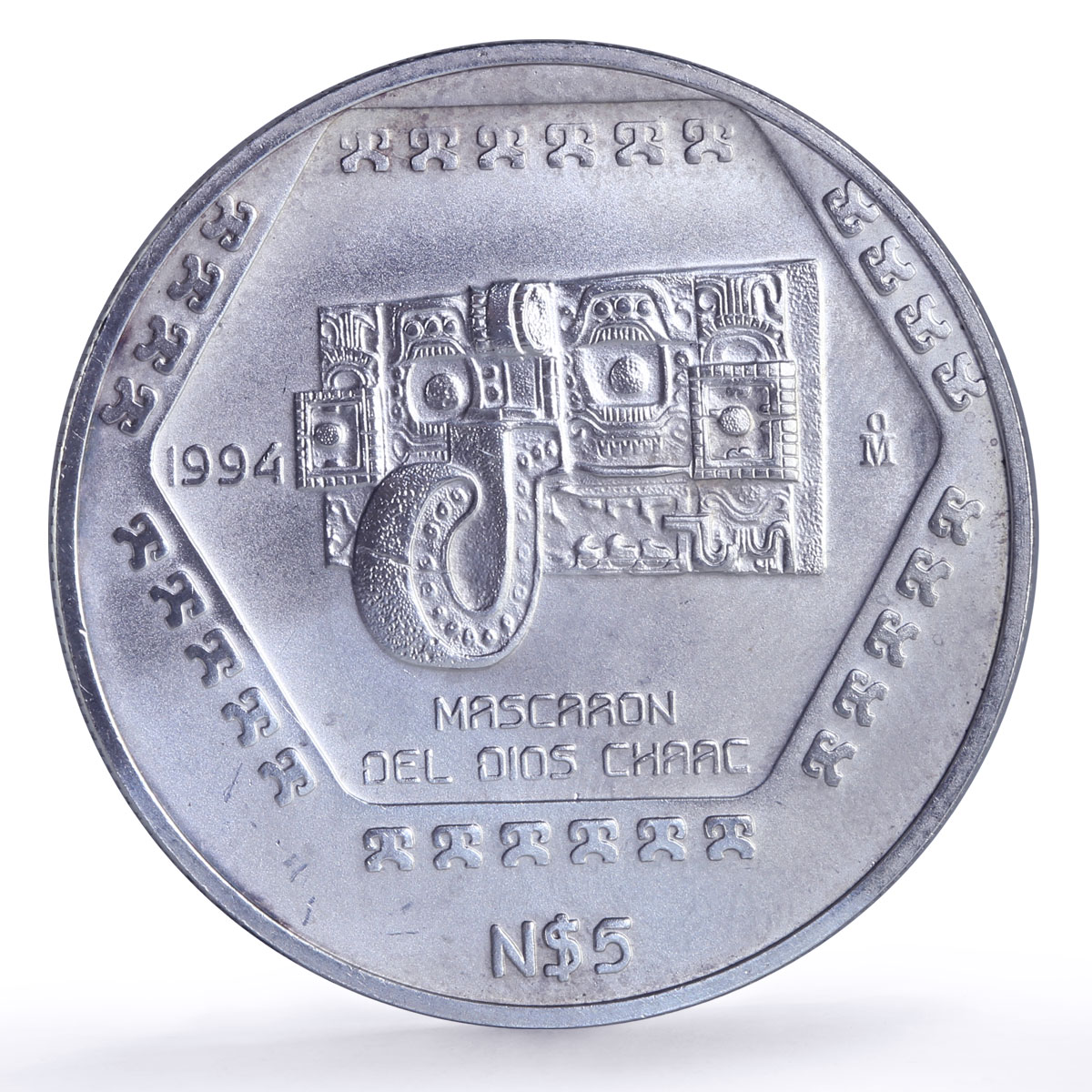 Mexico 5 pesos Mascaron Del Dios Chaac Precolombina Maya silver coin 1994