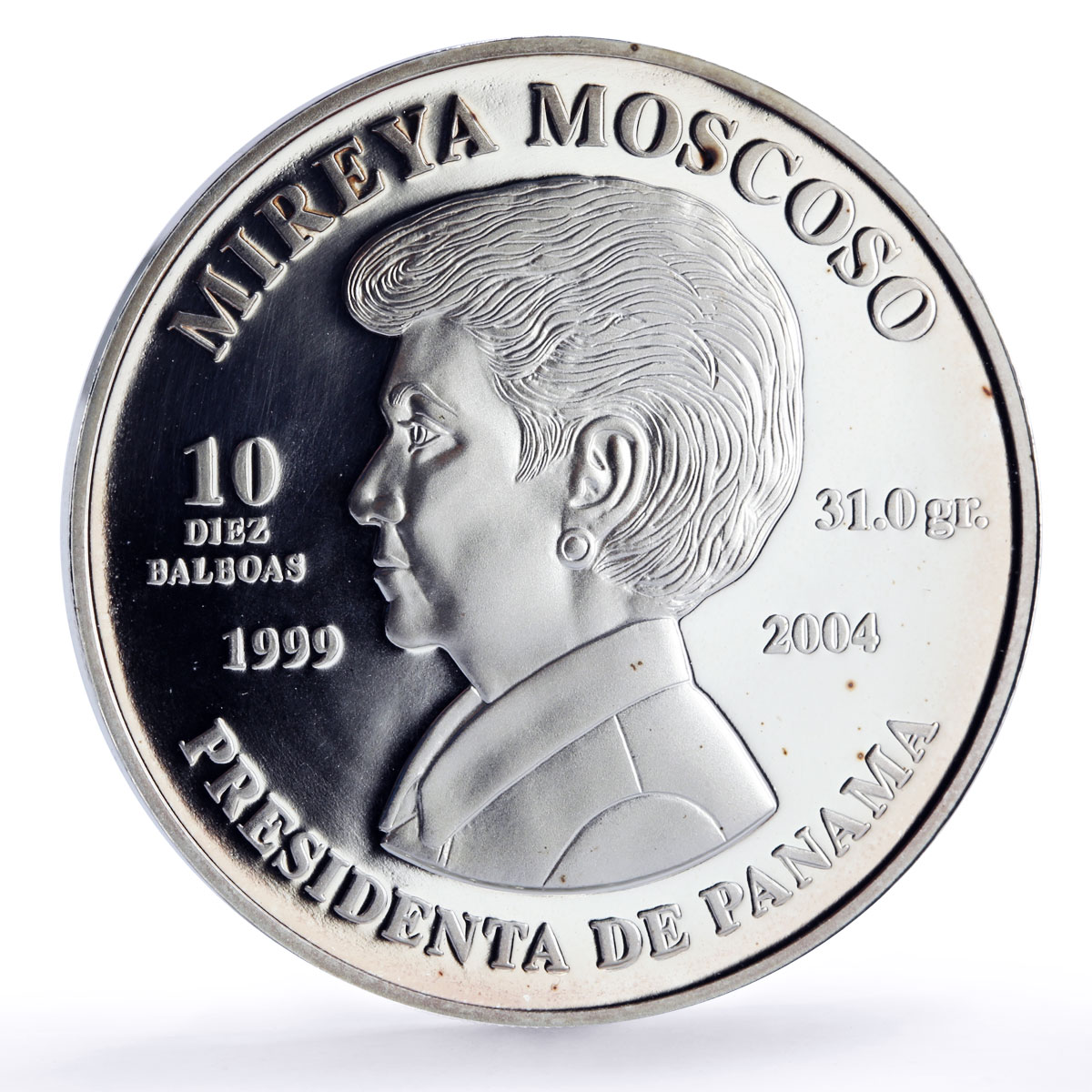 Panama 10 balboas Canal Transfer Moscoso Ship Politics proof silver coin 1999