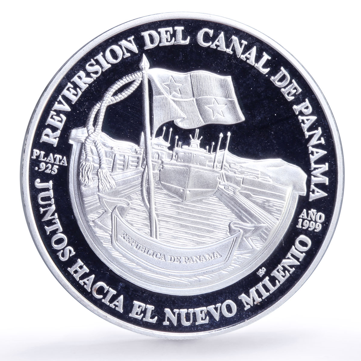Panama 10 balboas Canal Transfer Moscoso Ship Politics proof silver coin 1999