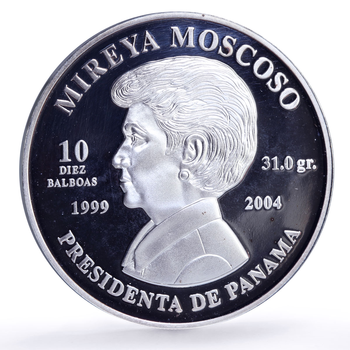 Panama 10 balboas Canal Transfer Moscoso Ship Politics proof silver coin 1999
